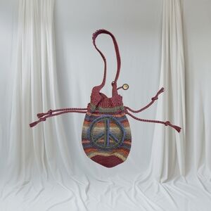 Handmade Multicolor Crochet Peace Sign Drawstring Shoulder Bag - The Sak